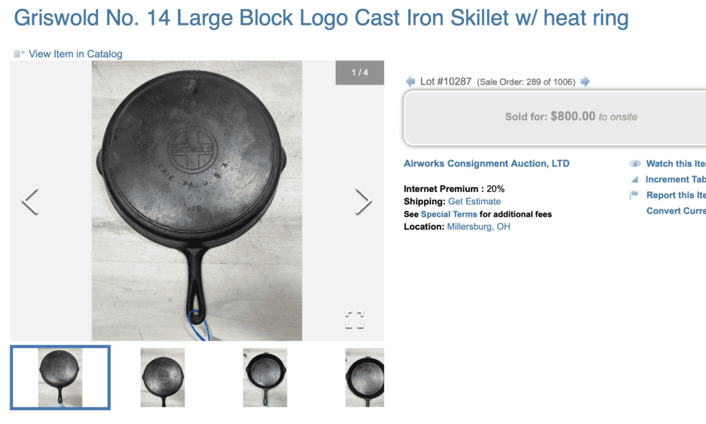 Griswold large block logo EPU number 14 skillet with heat ring, pattern number 718. Sold for $800.